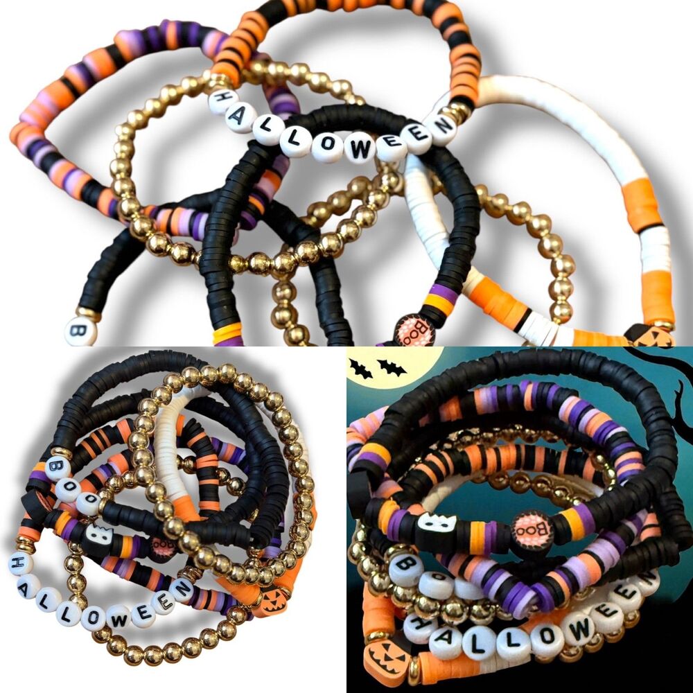 Halloween 7 Bracelet Bundle – Boo, Pumpkin, Halloween Beads, Stretchy Stack